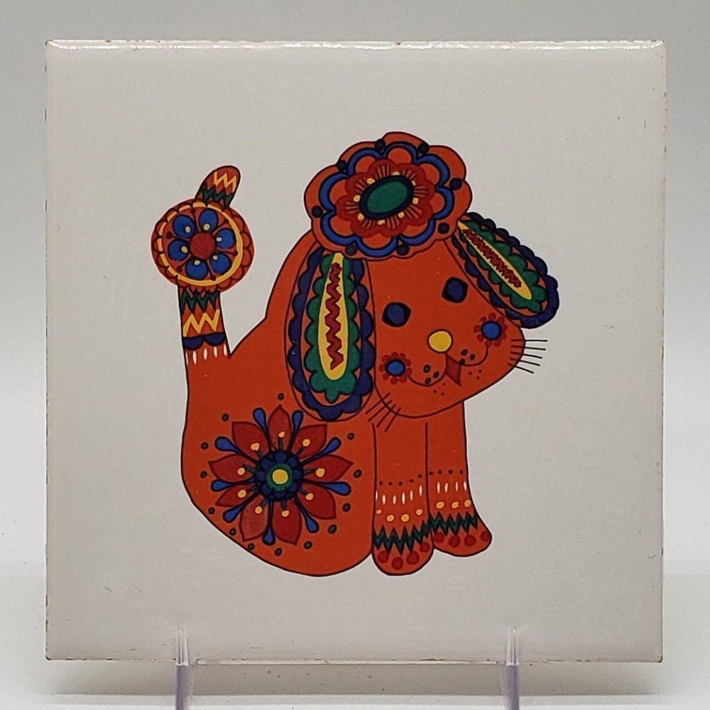 AK Kaiser Vintage German 1970s Colourful Dog Design Porcelain Tile or Trivet